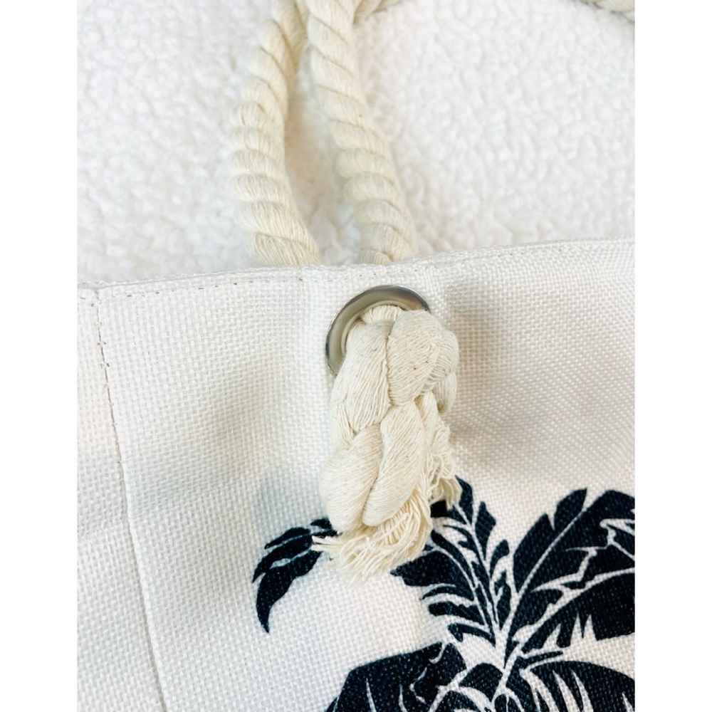 (NWT) TESALATE • Cream/Black “Hello Beaches” and Palm Trees Large Beach Tote Bag - Picture 11 of 15